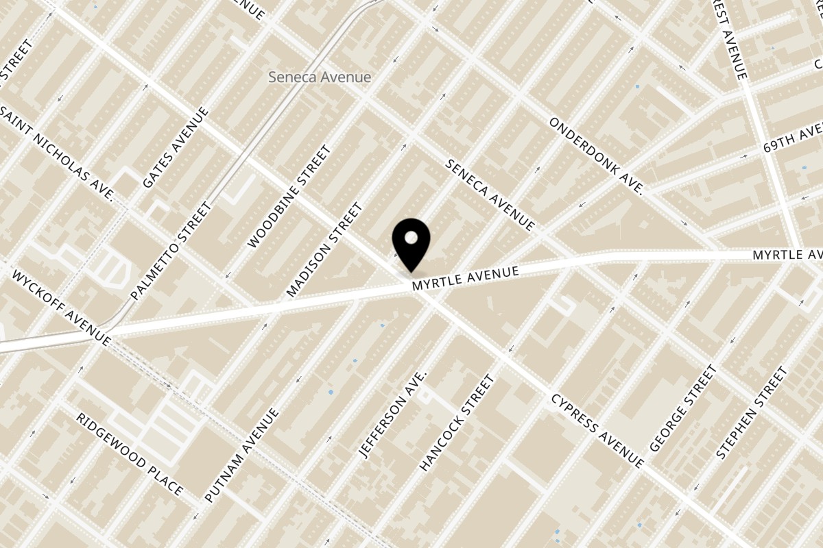 Map showing the location of San Remo Pizzeria Restaurant on 56-01 Myrtle Ave in Ridgewood